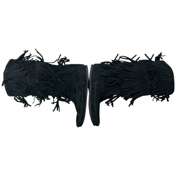 Minnetonka Boot Women 7 Black Suede Mid Calf 3 Tier Fringe moccasin boho Festiva - Picture 11 of 16